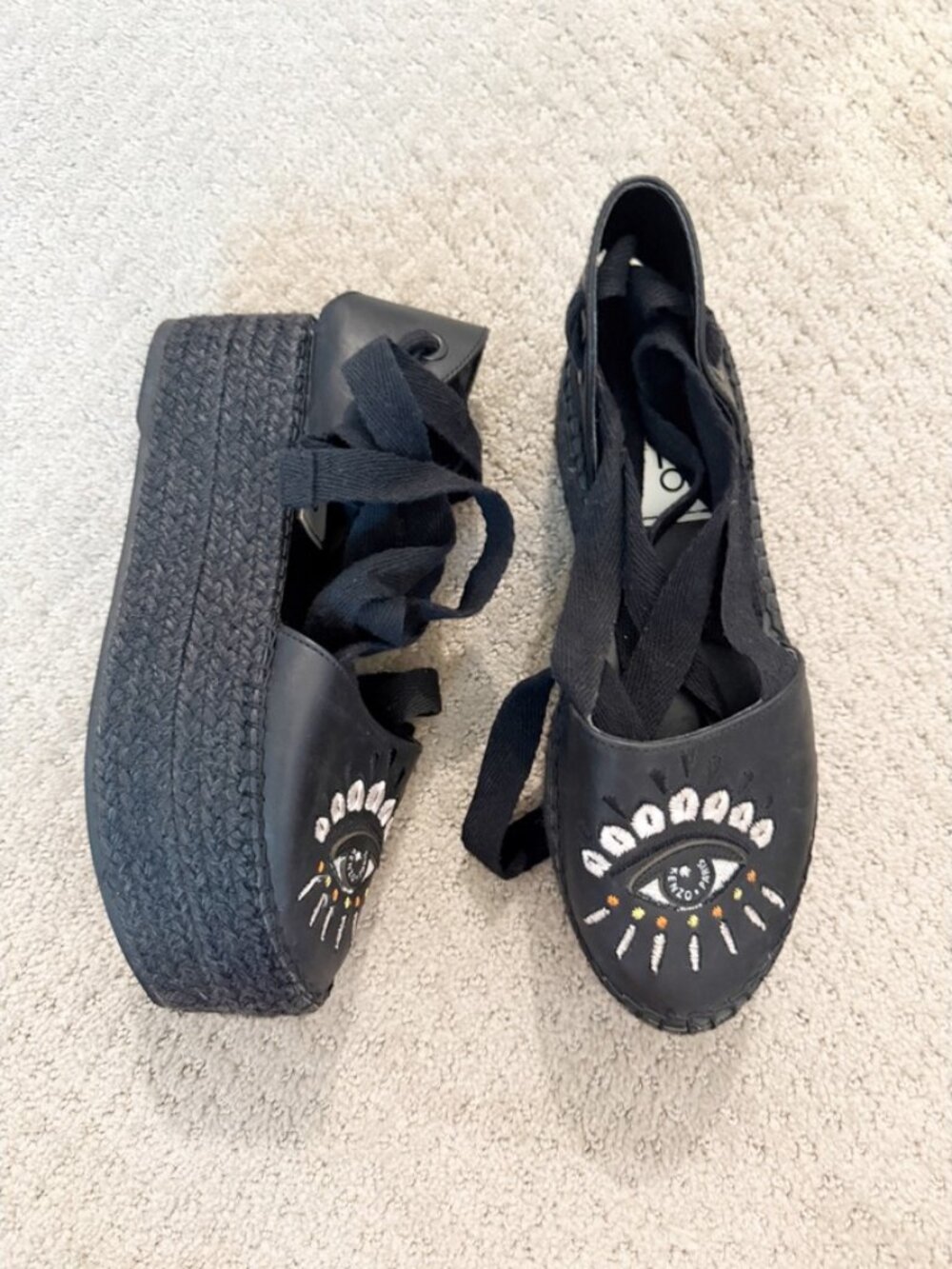Kenzo Maya Leather Platform Espadrille Sandals Black 8 Tribal Evil Eye - Picture 2 of 11